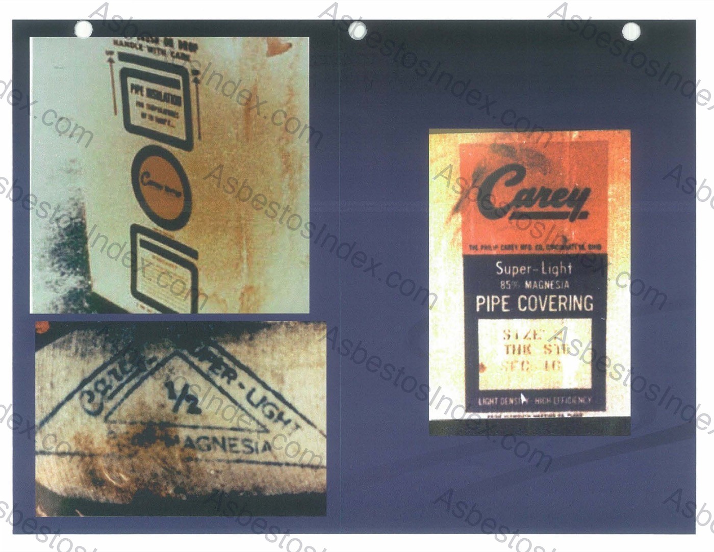 Carey Super-Light Pipe Covering — preformed asbestos pipe section original label. O'Brien Law Firm PID reference library.